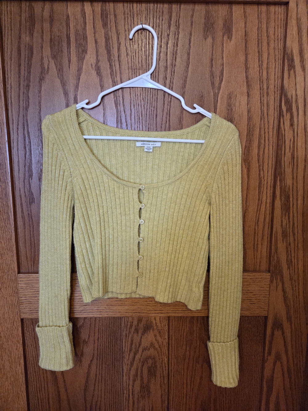American Eagle Outfitters Ribbed Button-Front Crop Top - Yellow Green